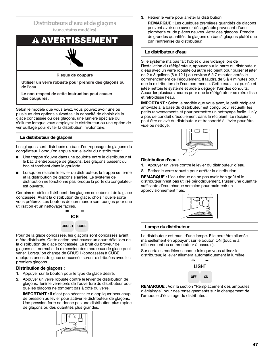 Avertissement, Distributeurs d’eau et de glaçons | KITCHENAID SIDE BY SIDE BUILT-IN REFRIGERATOR User Manual | Page 47 / 60