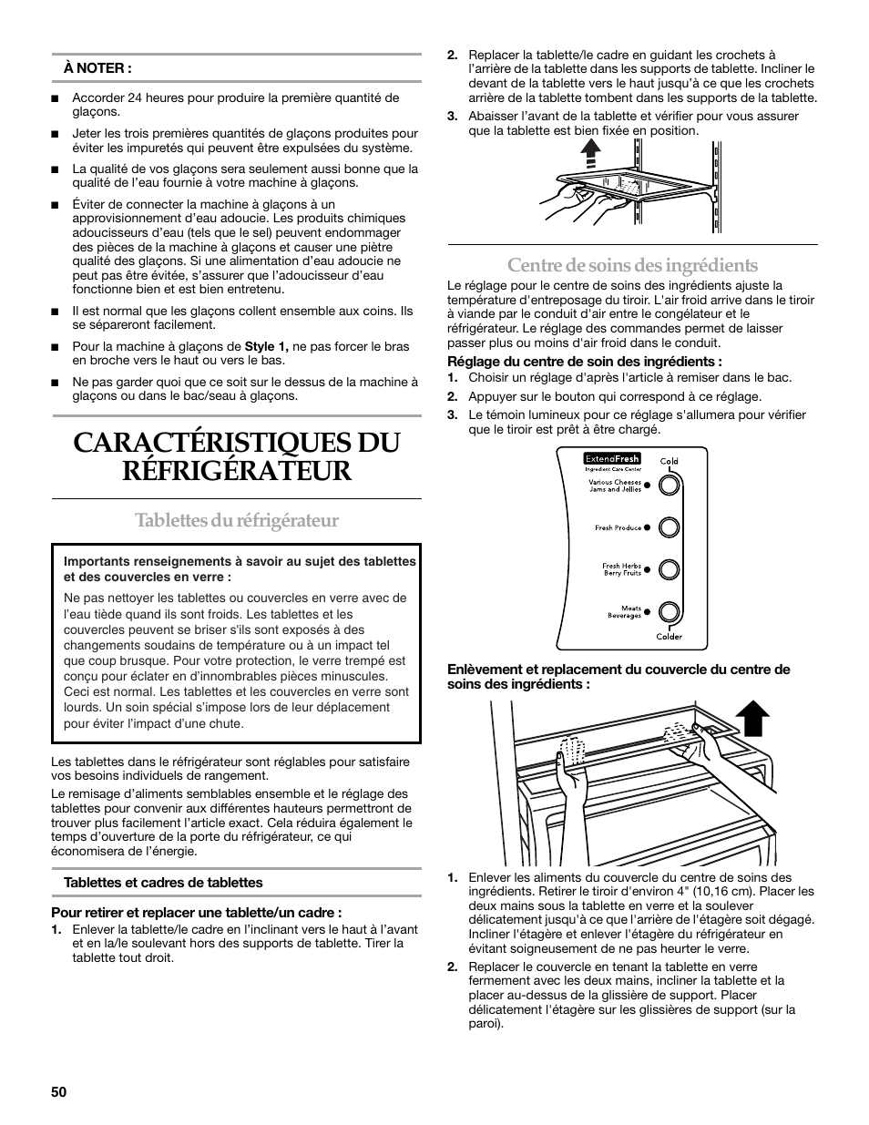 Caractéristiques du réfrigérateur, Tablettes du réfrigérateur, Centre de soins des ingrédients | KITCHENAID SIDE BY SIDE BUILT-IN REFRIGERATOR User Manual | Page 50 / 60