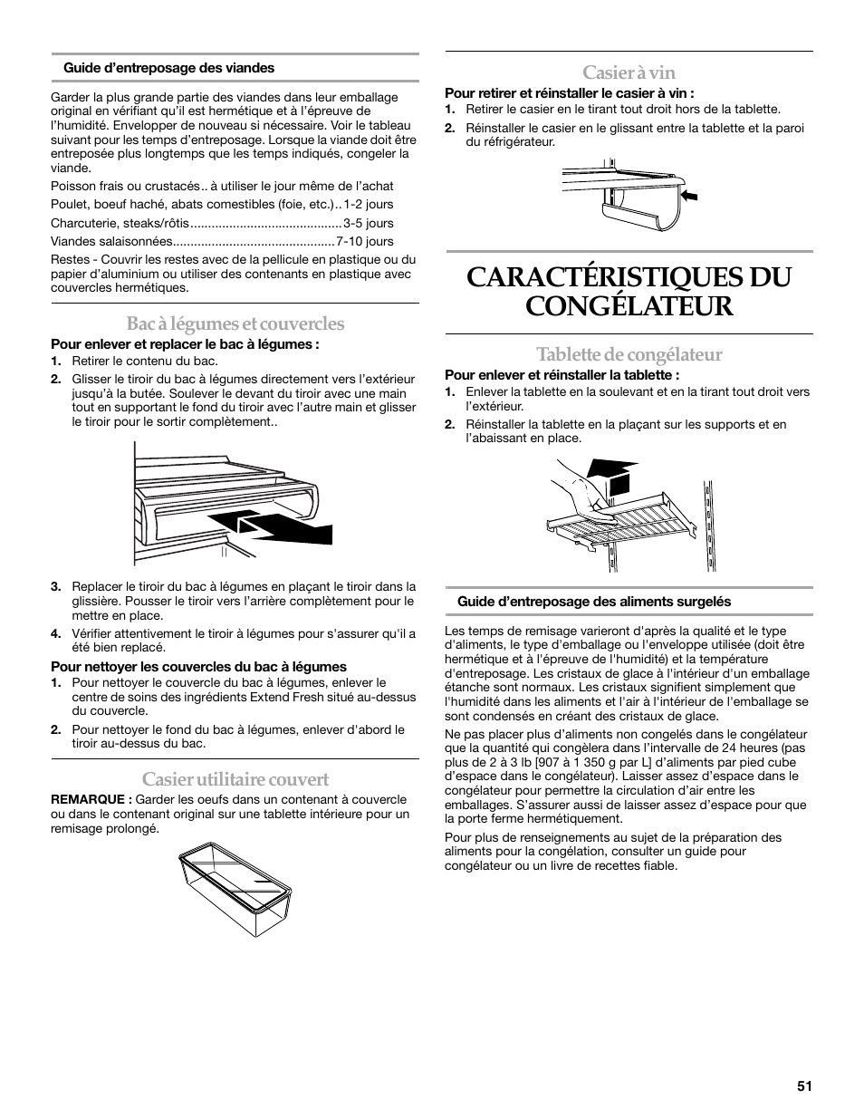 Caractéristiques du congélateur, Bac à légumes et couvercles, Casier utilitaire couvert | Casier à vin, Tablette de congélateur | KITCHENAID SIDE BY SIDE BUILT-IN REFRIGERATOR User Manual | Page 51 / 60