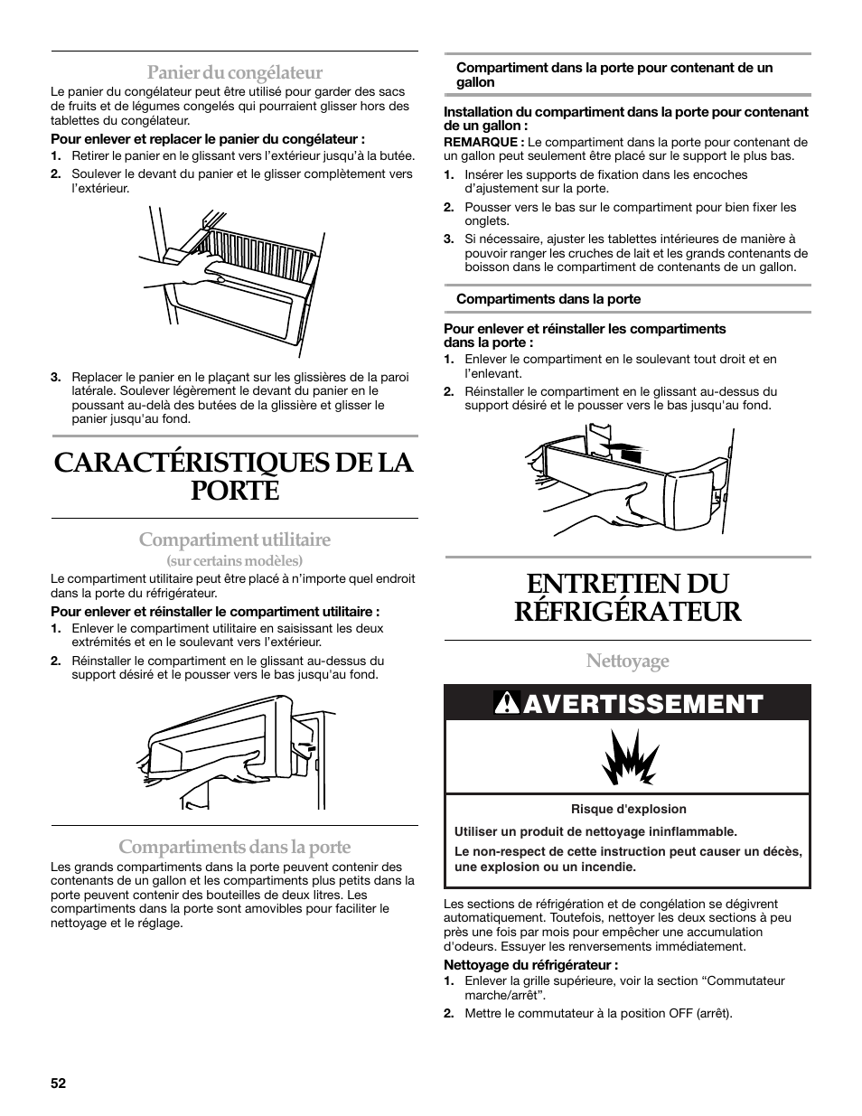 Caractéristiques de la porte, Entretien du réfrigérateur, Avertissement | Panier du congélateur, Compartiment utilitaire, Compartiments dans la porte, Nettoyage | KITCHENAID SIDE BY SIDE BUILT-IN REFRIGERATOR User Manual | Page 52 / 60
