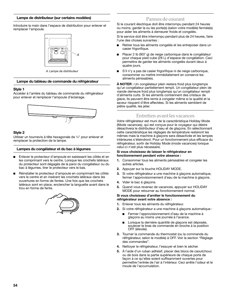 Pannes de courant, Entretien avant les vacances | KITCHENAID SIDE BY SIDE BUILT-IN REFRIGERATOR User Manual | Page 54 / 60