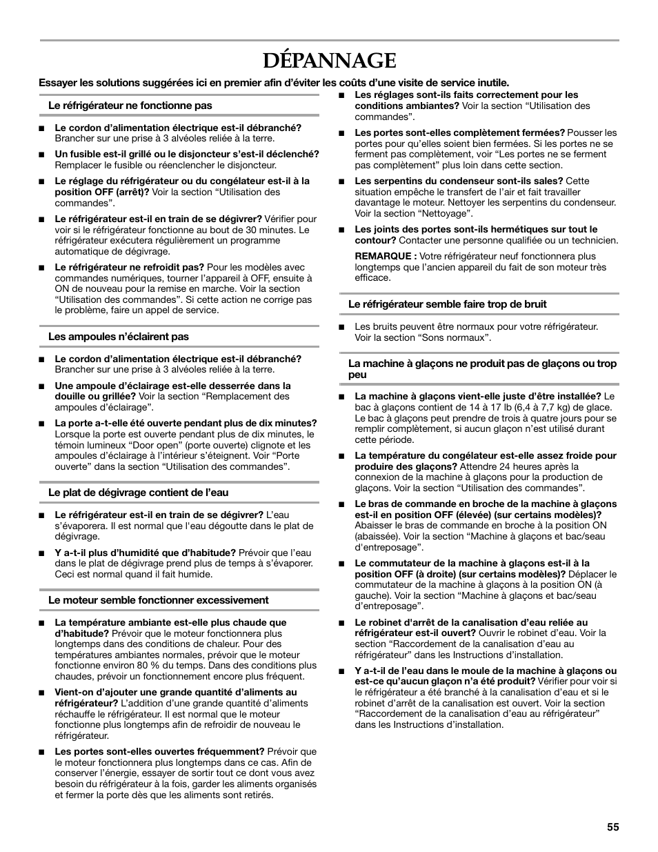 Dépannage | KITCHENAID SIDE BY SIDE BUILT-IN REFRIGERATOR User Manual | Page 55 / 60