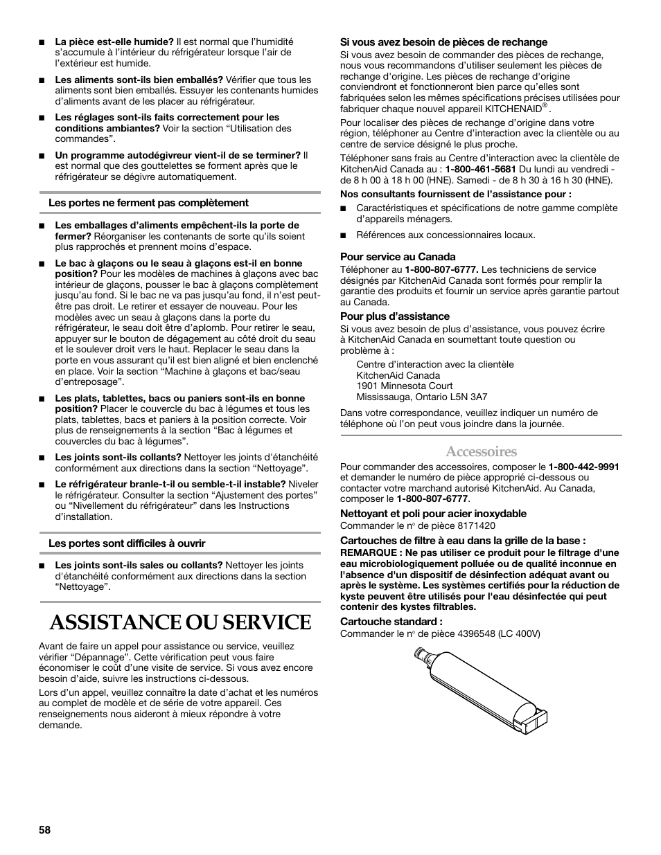 Assistance ou service, Accessoires | KITCHENAID SIDE BY SIDE BUILT-IN REFRIGERATOR User Manual | Page 58 / 60