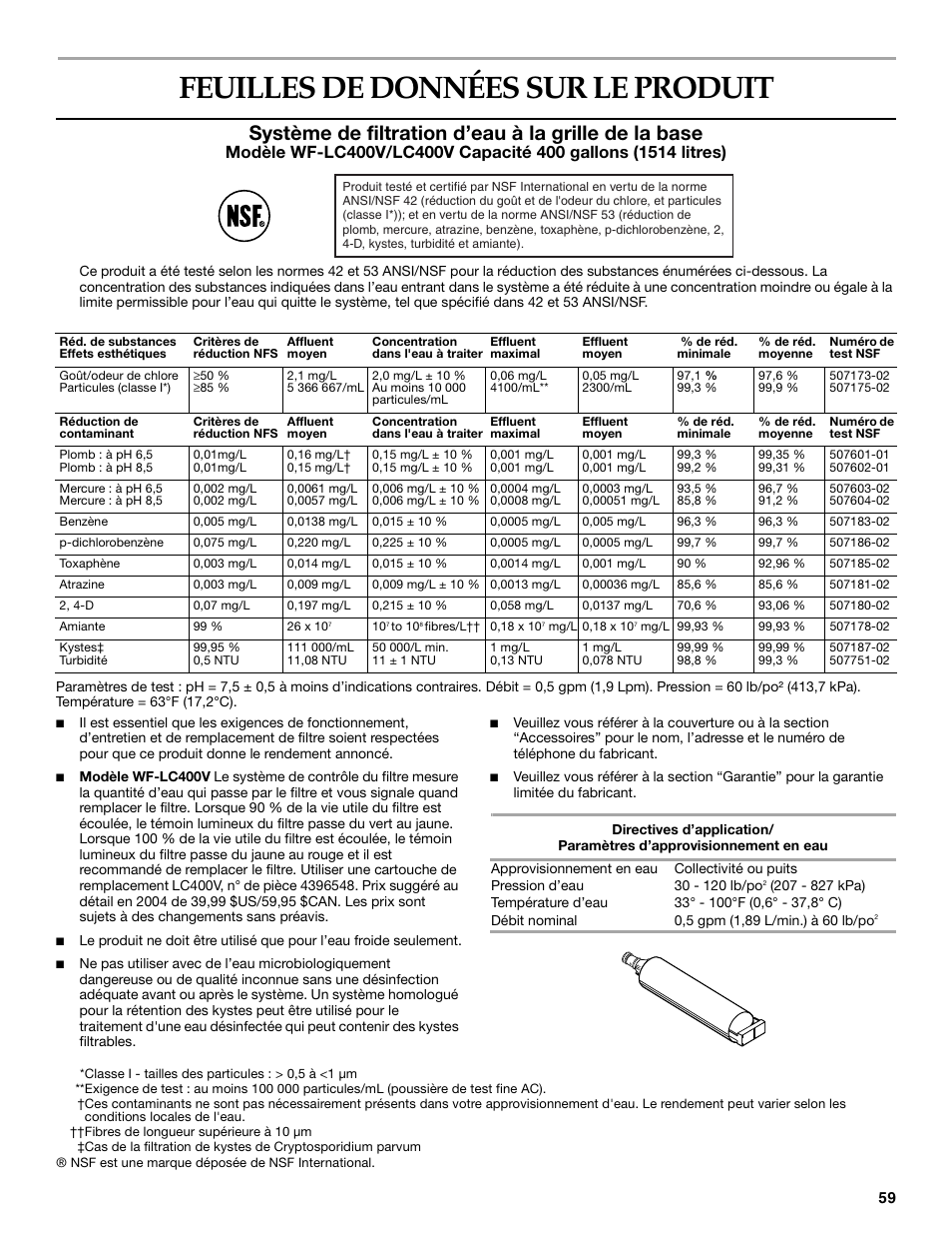 Feuilles de données sur le produit, Système de filtration d’eau à la grille de la base | KITCHENAID SIDE BY SIDE BUILT-IN REFRIGERATOR User Manual | Page 59 / 60