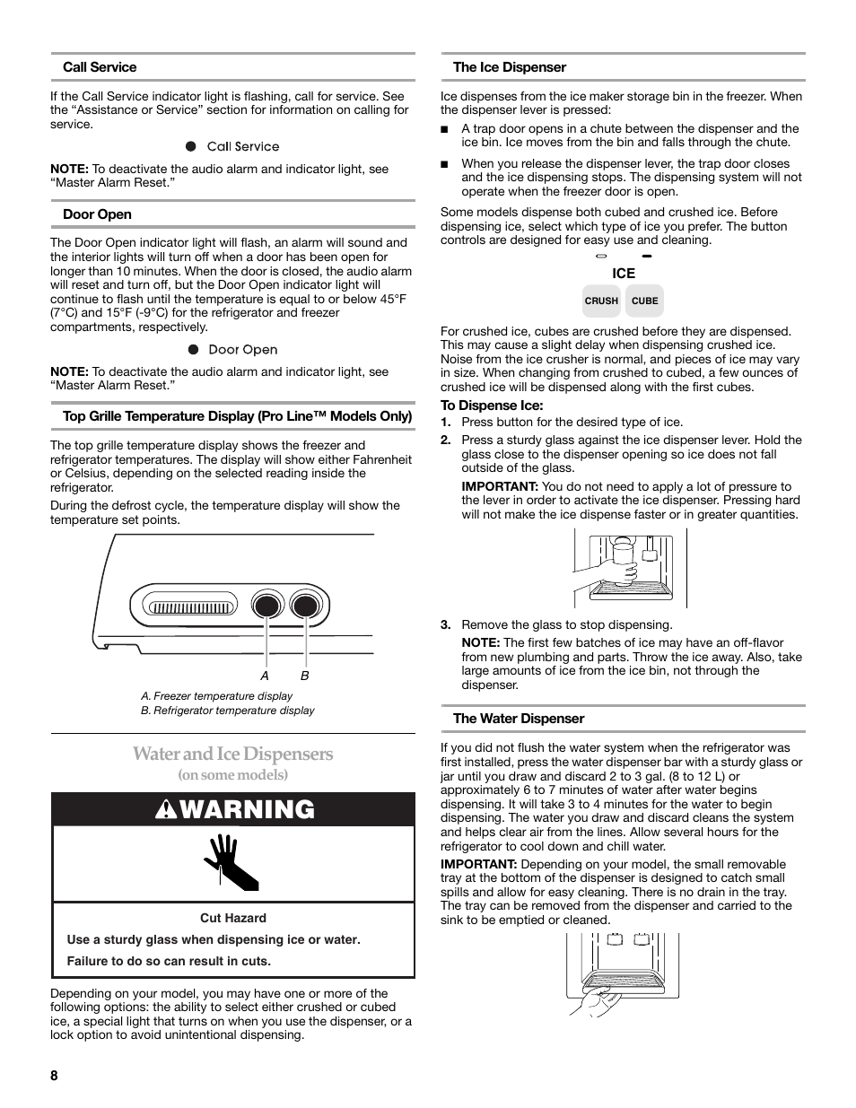 Warning, Water and ice dispensers | KITCHENAID SIDE BY SIDE BUILT-IN REFRIGERATOR User Manual | Page 8 / 60