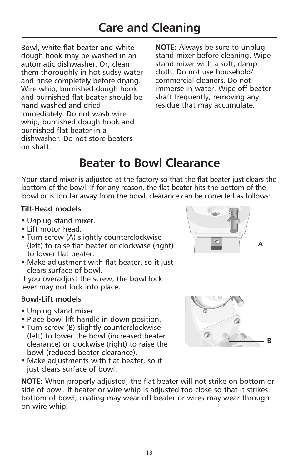 Care and cleaning beater to bowl clearance | KITCHENAID 9706634D User Manual | Page 13 / 72