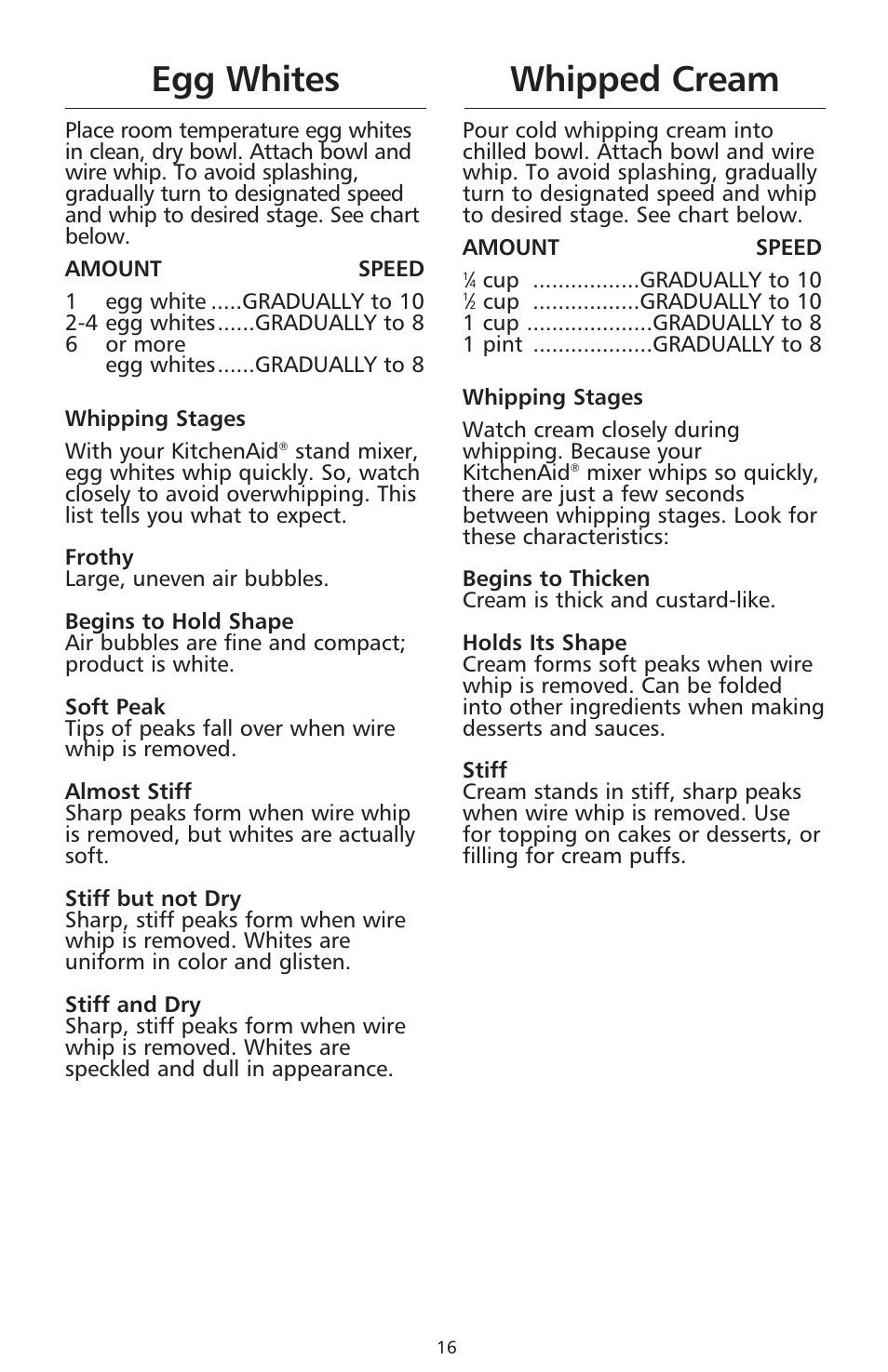 Egg whites, Whipped cream | KITCHENAID 9706634D User Manual | Page 16 / 72