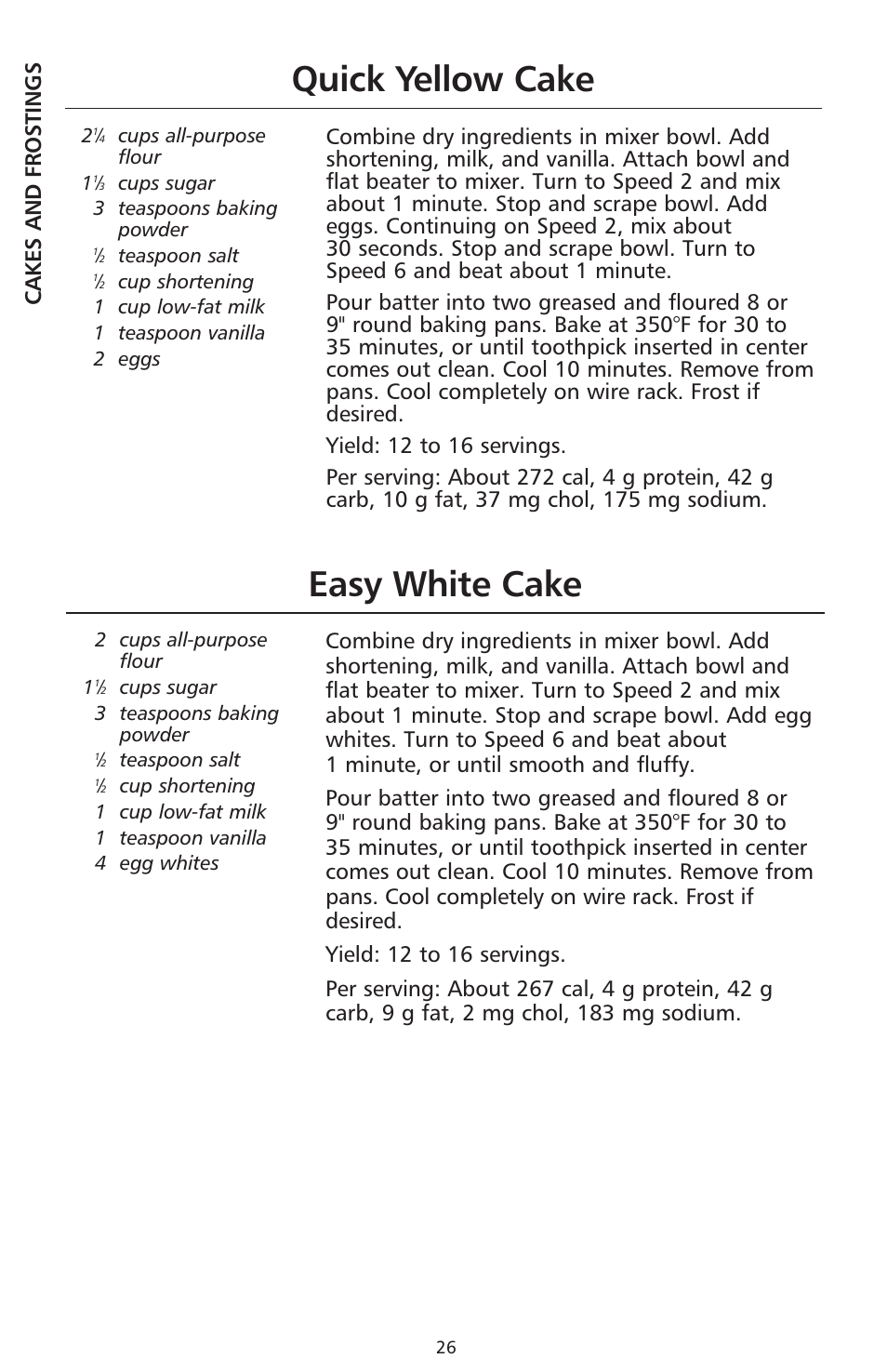 Quick yellow cake, Easy white cake, Cakes and frostings | KITCHENAID 9706634D User Manual | Page 26 / 72