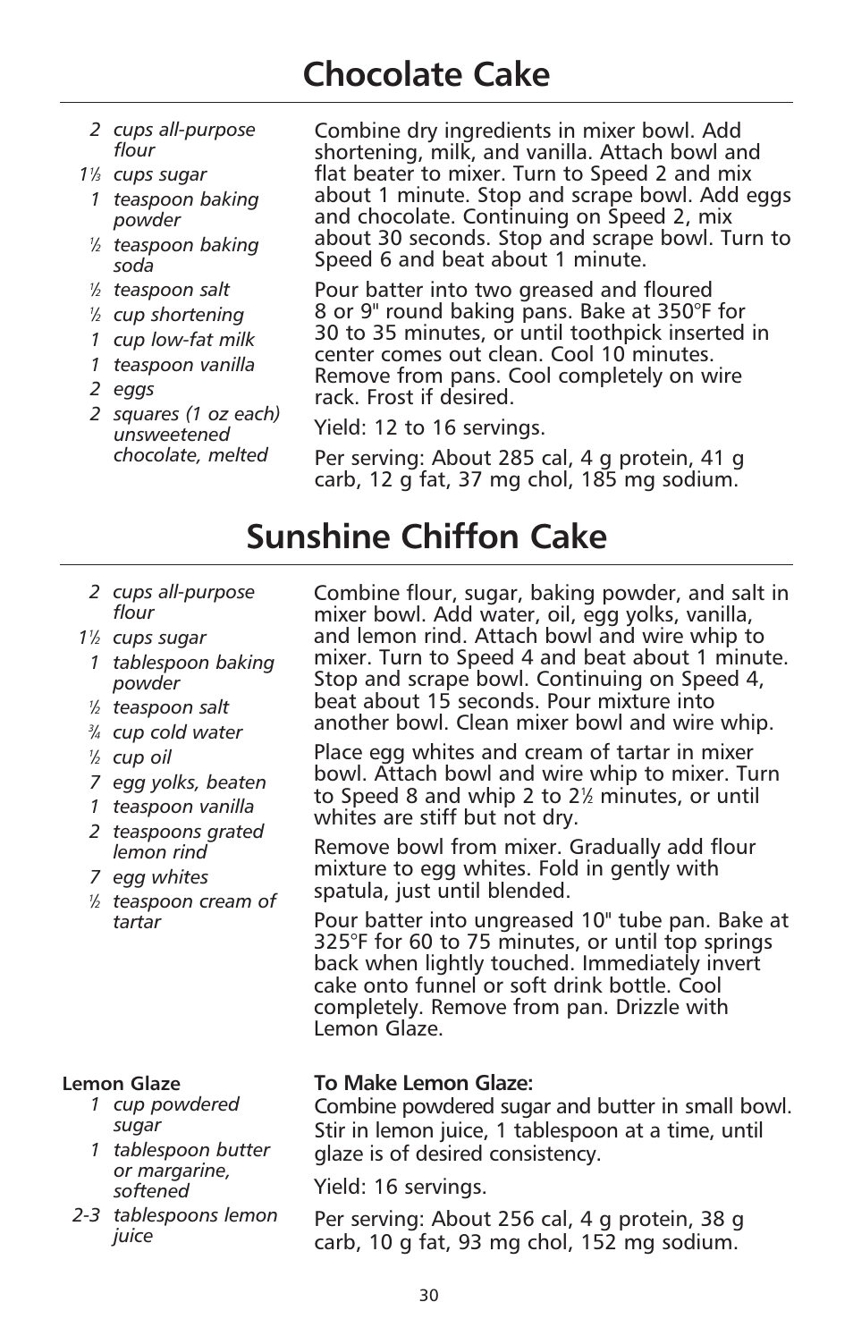 Sunshine chiffon cake, Chocolate cake | KITCHENAID 9706634D User Manual | Page 30 / 72