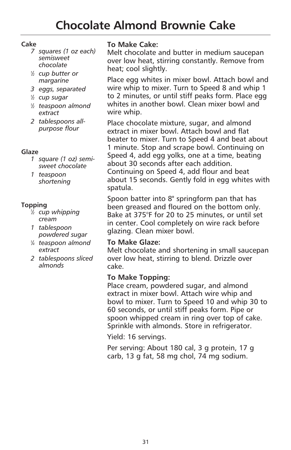 Chocolate almond brownie cake | KITCHENAID 9706634D User Manual | Page 31 / 72