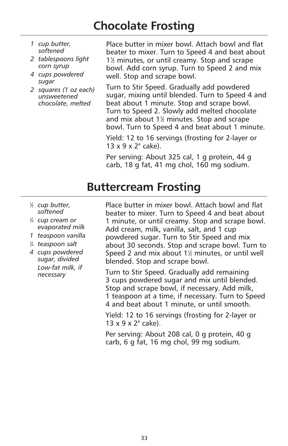Buttercream frosting, Chocolate frosting | KITCHENAID 9706634D User Manual | Page 33 / 72