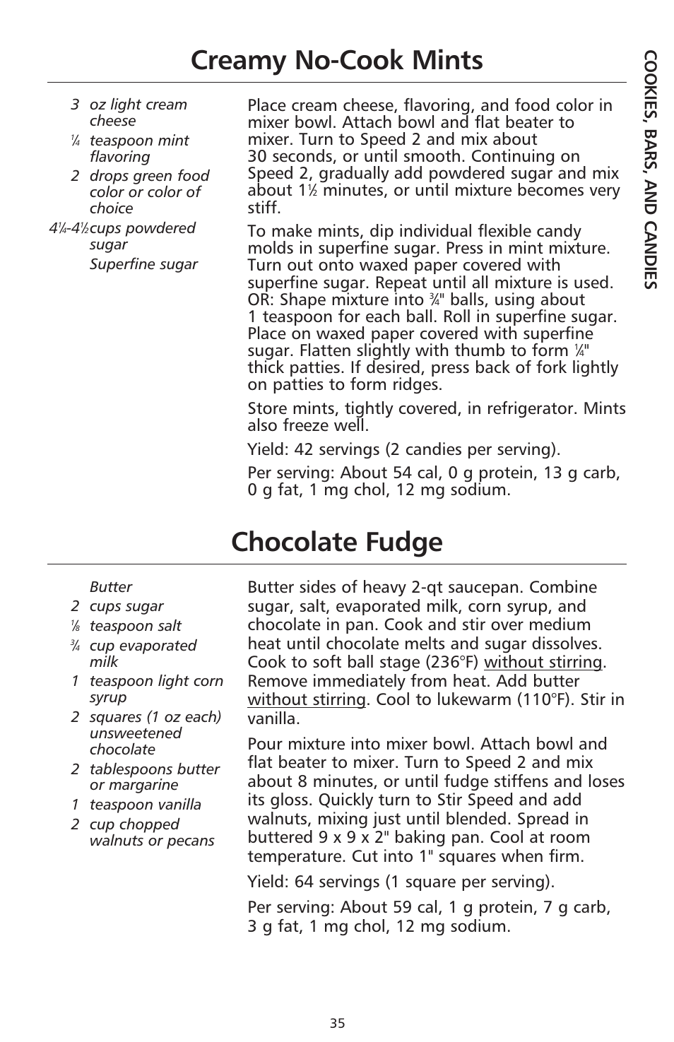 Chocolate fudge, Creamy no-cook mints | KITCHENAID 9706634D User Manual | Page 35 / 72