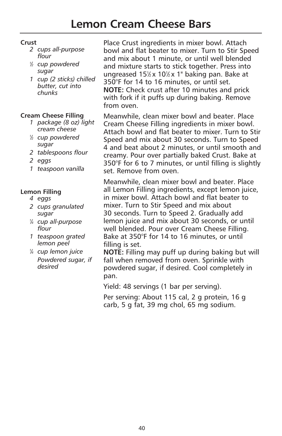 Lemon cream cheese bars, X 10 | KITCHENAID 9706634D User Manual | Page 40 / 72