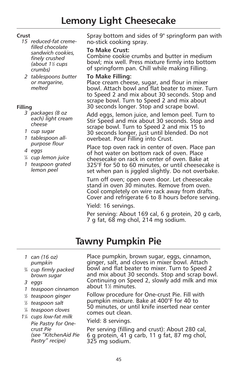 Lemony light cheesecake, Tawny pumpkin pie | KITCHENAID 9706634D User Manual | Page 45 / 72
