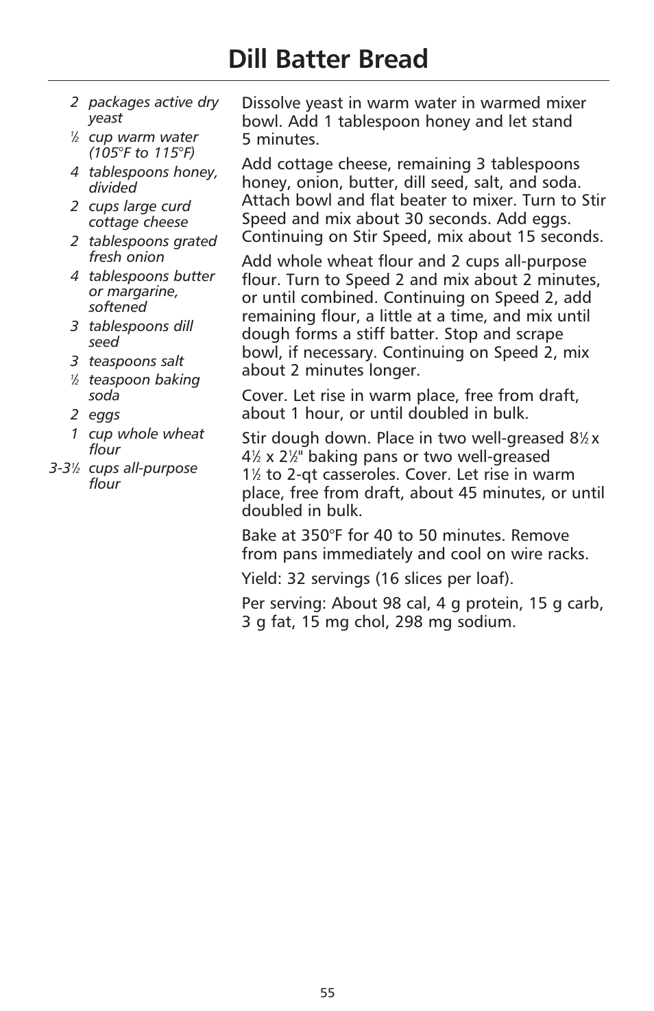 Dill batter bread, Baking pans or two well-greased 1 | KITCHENAID 9706634D User Manual | Page 55 / 72
