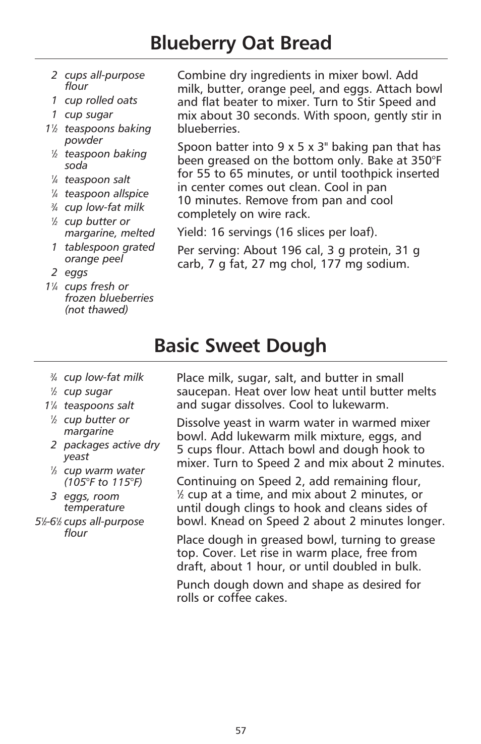 Basic sweet dough, Blueberry oat bread | KITCHENAID 9706634D User Manual | Page 57 / 72