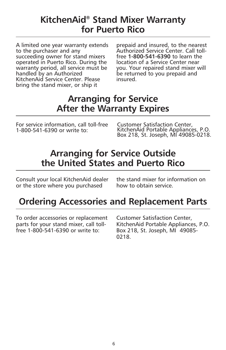 Kitchenaid, Stand mixer warranty for puerto rico, Arranging for service after the warranty expires | Ordering accessories and replacement parts | KITCHENAID 9706634D User Manual | Page 6 / 72