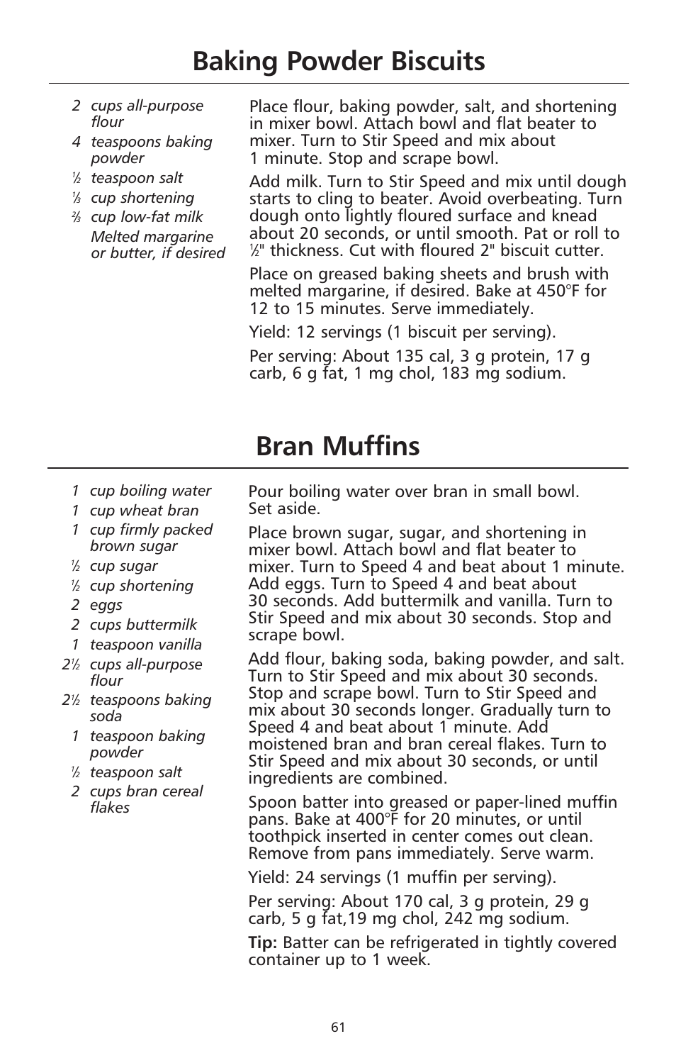 Baking powder biscuits, Bran muffins | KITCHENAID 9706634D User Manual | Page 61 / 72