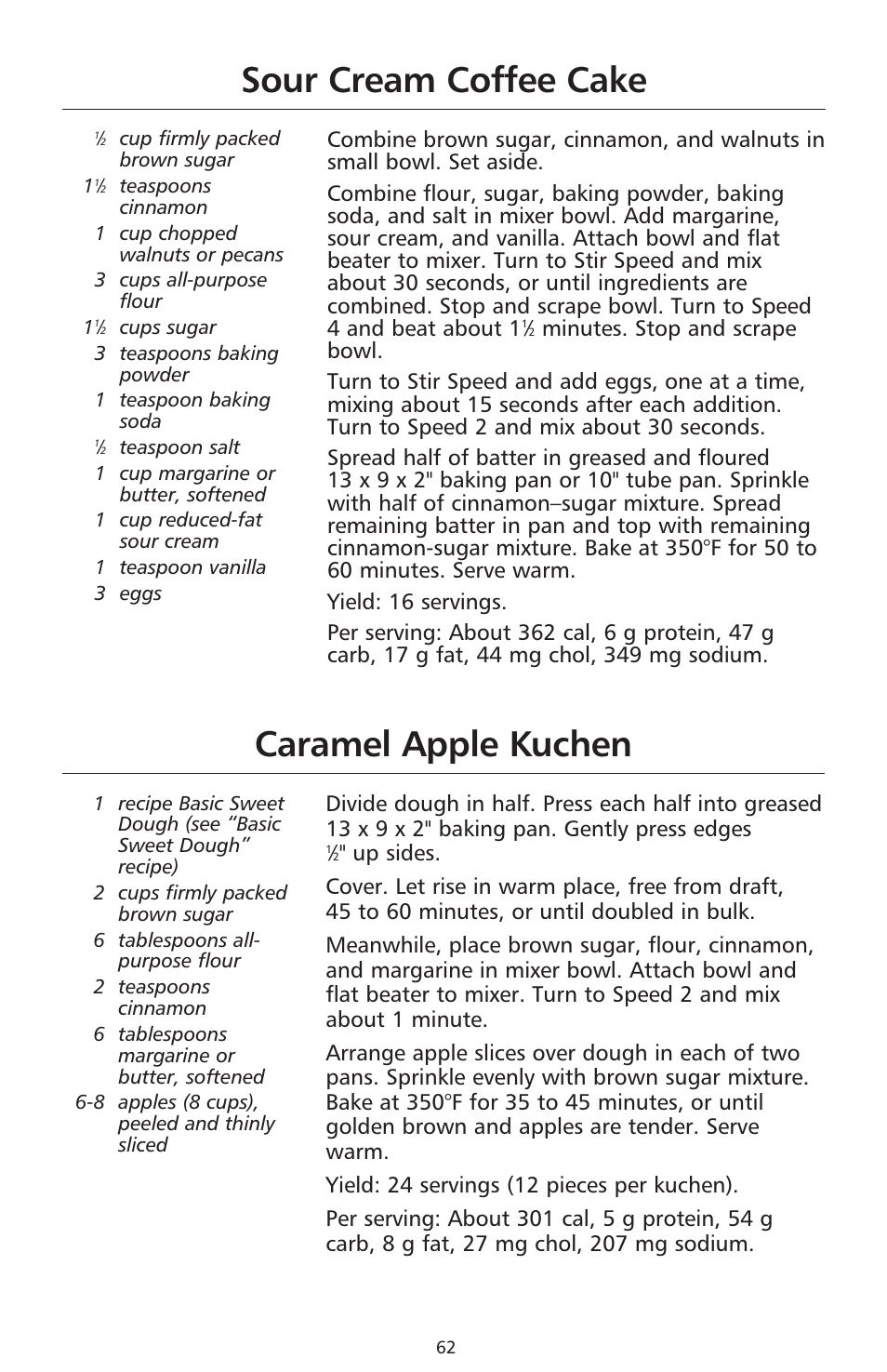 Sour cream coffee cake, Caramel apple kuchen | KITCHENAID 9706634D User Manual | Page 62 / 72