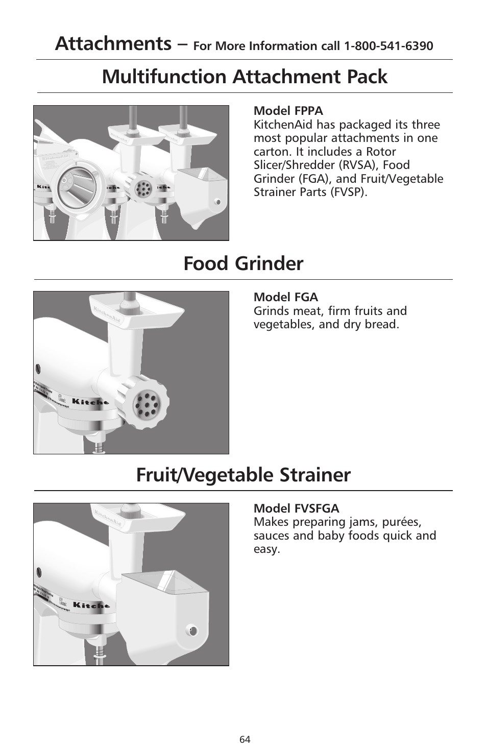 Multifunction attachment pack attachments, Food grinder, Fruit/vegetable strainer | KITCHENAID 9706634D User Manual | Page 64 / 72