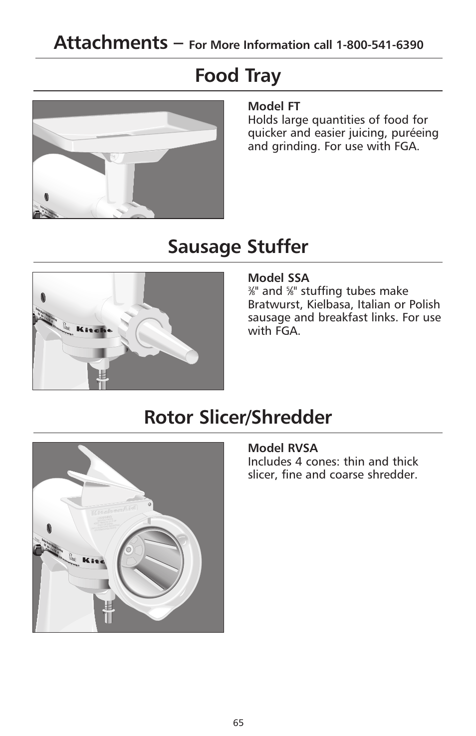 Attachments, Food tray, Sausage stuffer | Rotor slicer/shredder, Model ssa | KITCHENAID 9706634D User Manual | Page 65 / 72