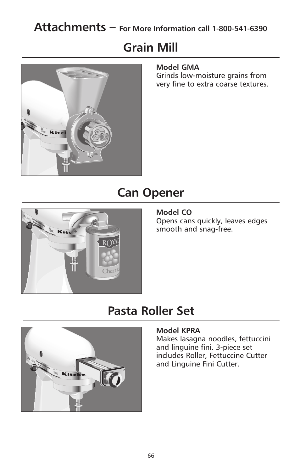 Grain mill, Can opener, Attachments | Pasta roller set | KITCHENAID 9706634D User Manual | Page 66 / 72