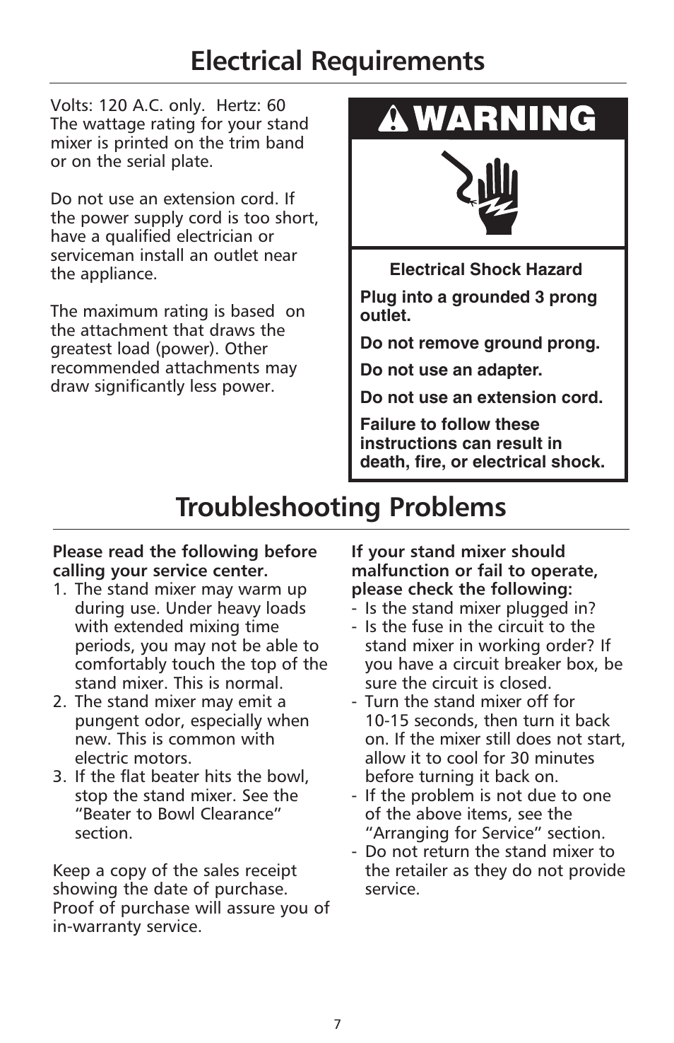 Electrical requirements, Troubleshooting problems | KITCHENAID 9706634D User Manual | Page 7 / 72