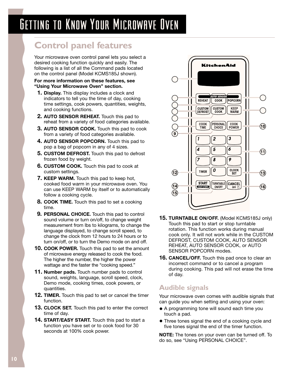 Control panel features, Getting to know your microwave oven, Audible signals | KITCHENAID KCMS145J User Manual | Page 10 / 25