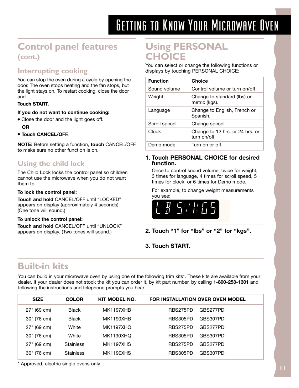 Using personal choice, Built-in kits, Getting to know your microwave oven | Control panel features, Cont.) interrupting cooking, Using the child lock | KITCHENAID KCMS145J User Manual | Page 11 / 25