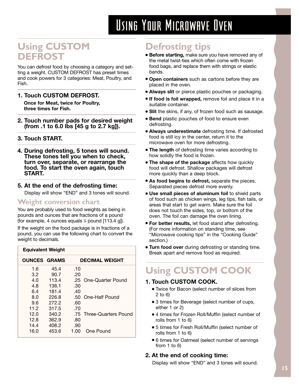 Using your microwave oven, Using custom defrost, Defrosting tips | Using custom cook, Weight conversion chart | KITCHENAID KCMS145J User Manual | Page 15 / 25