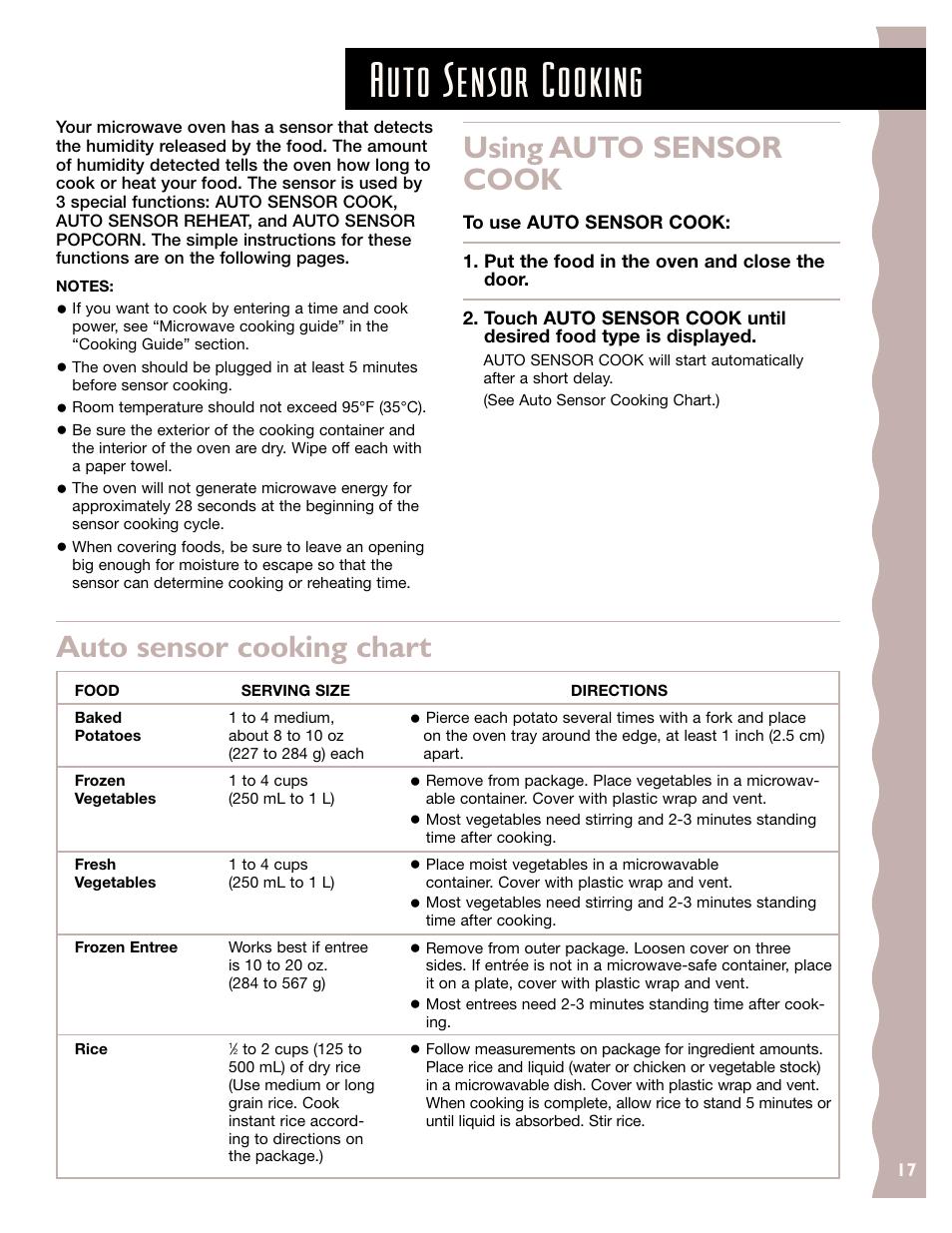 Auto sensor cooking, Using auto sensor cook, Auto sensor cooking chart | KITCHENAID KCMS145J User Manual | Page 17 / 25