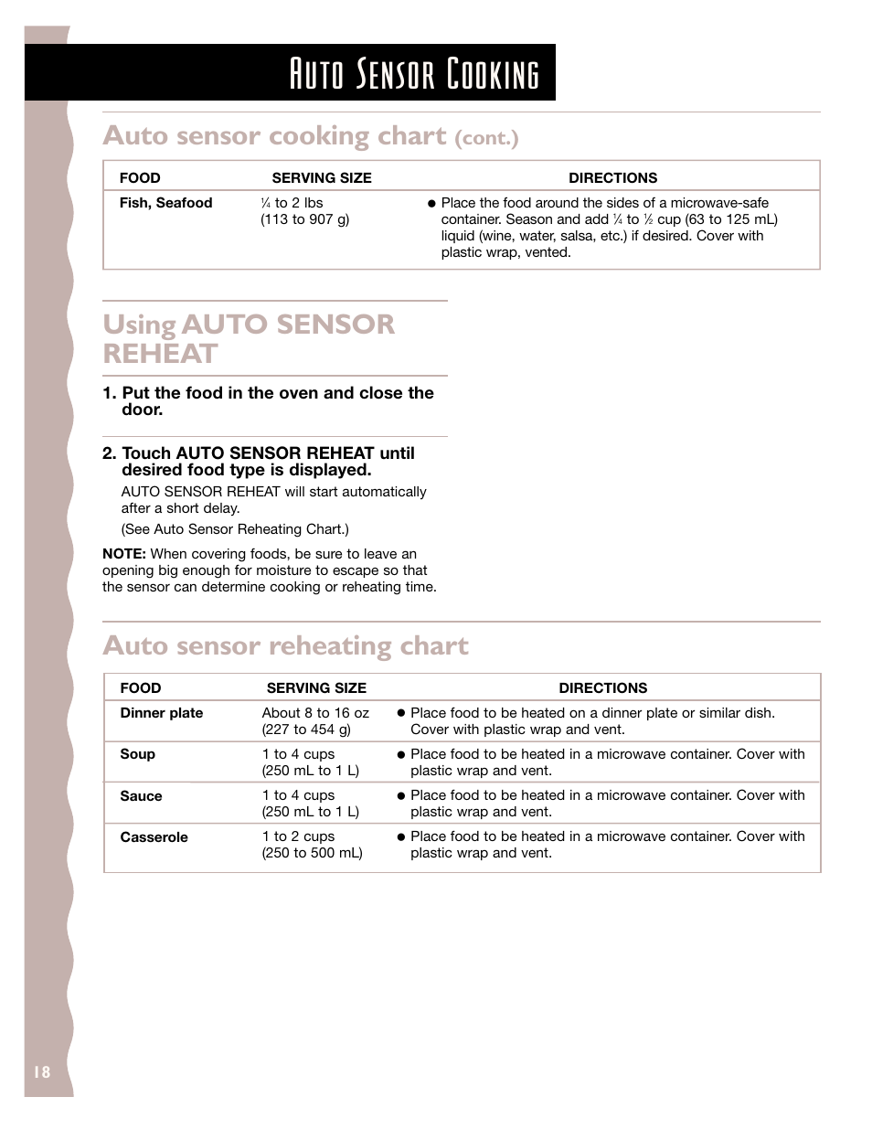 Auto sensor cooking, Auto sensor reheating chart, Auto sensor cooking chart | Using auto sensor reheat, Cont.) | KITCHENAID KCMS145J User Manual | Page 18 / 25