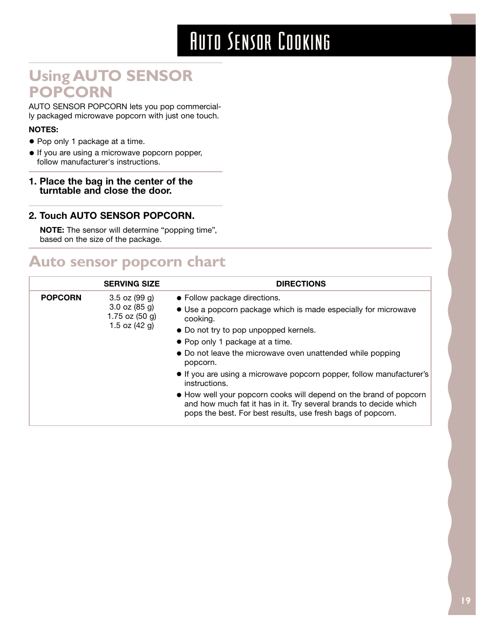 Auto sensor cooking, Using auto sensor popcorn, Auto sensor popcorn chart | KITCHENAID KCMS145J User Manual | Page 19 / 25