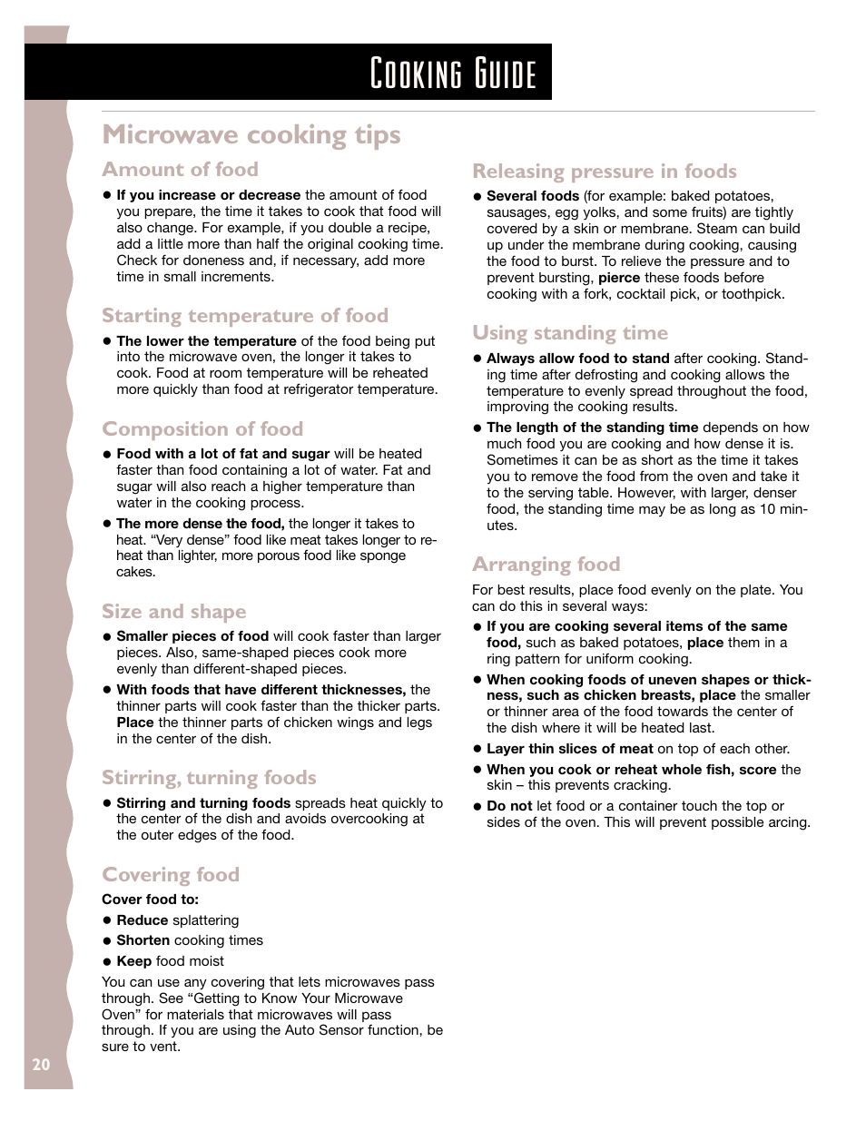 Cooking guide, Microwave cooking tips | KITCHENAID KCMS145J User Manual | Page 20 / 25