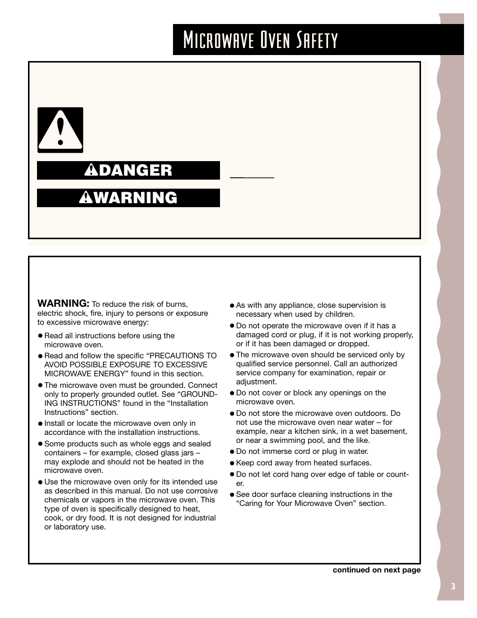 Safety, Microwave oven safety, Wdanger w warning | Important safety instructions, Save these instructions | KITCHENAID KCMS145J User Manual | Page 3 / 25