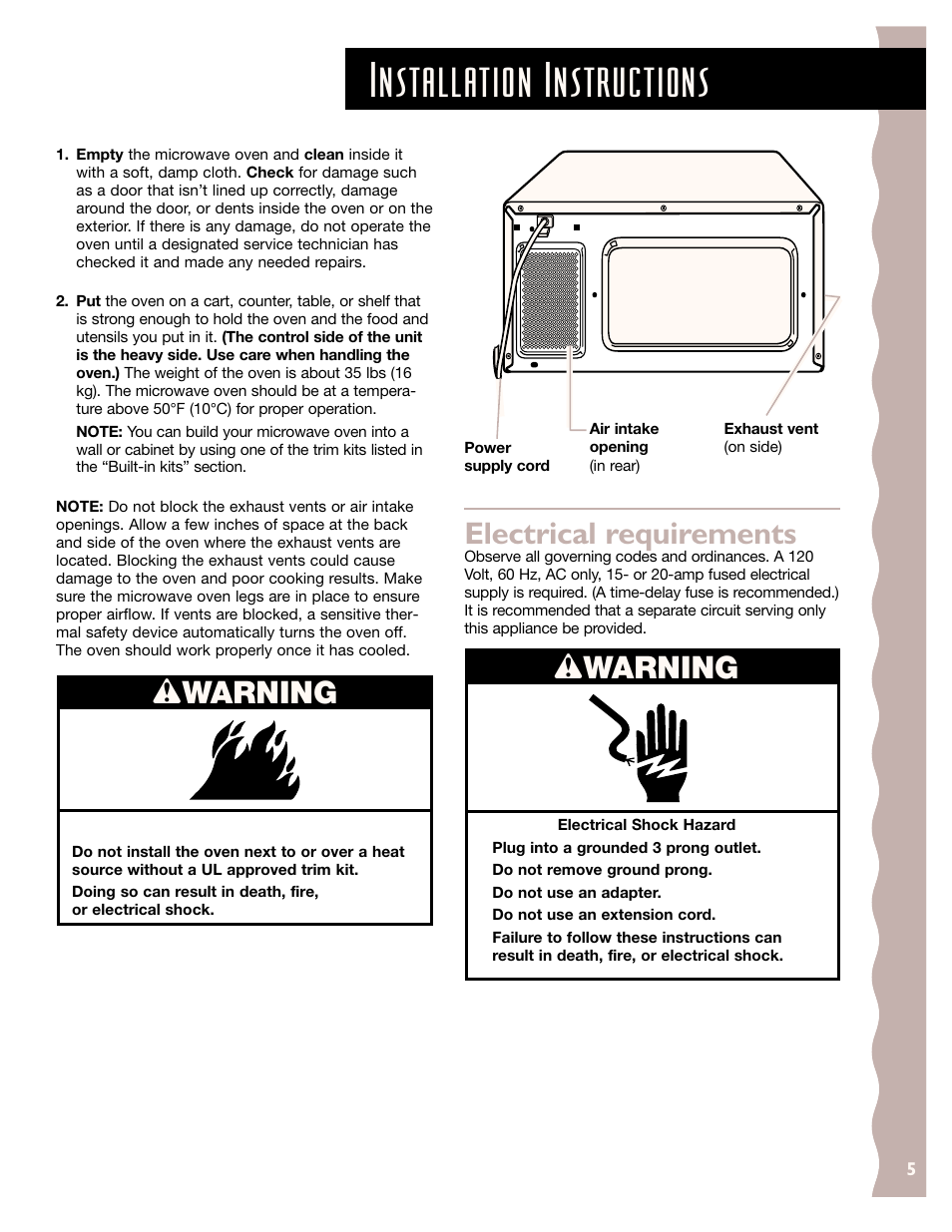 Installation instructions, Wwarning, Electrical requirements | KITCHENAID KCMS145J User Manual | Page 5 / 25