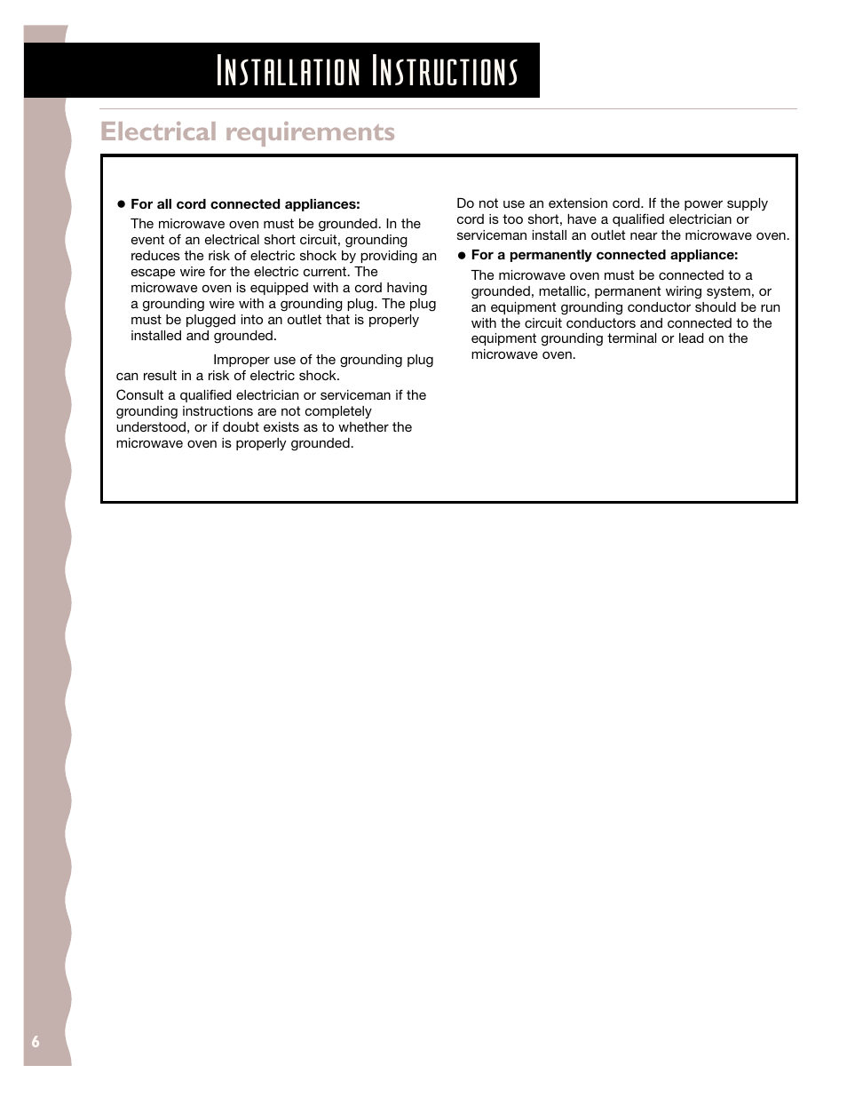 Installation instructions, Electrical requirements, Grounding instructions | Save these instructions | KITCHENAID KCMS145J User Manual | Page 6 / 25