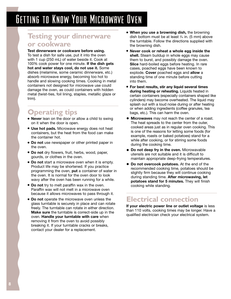 Testing your dinnerware or cookware, Operating tips, Electrical connection | Getting to know your microwave oven | KITCHENAID KCMS145J User Manual | Page 8 / 25