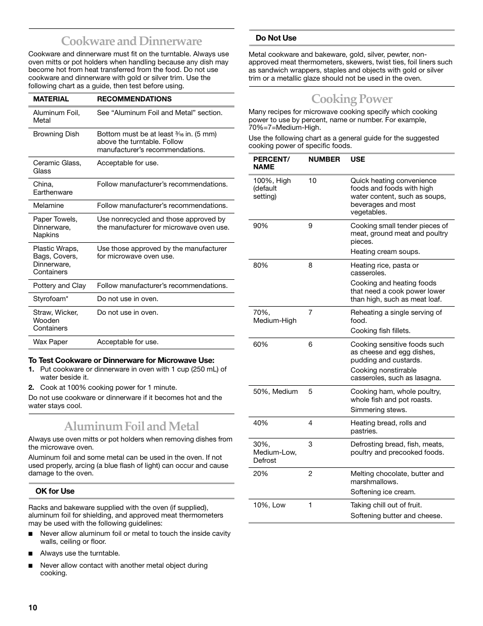 Cookware and dinnerware, Aluminum foil and metal, Cooking power | KITCHENAID KHMS175M User Manual | Page 10 / 20