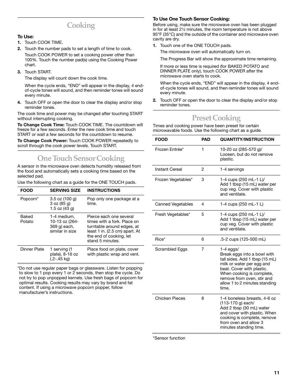 Cooking, One touch sensor cooking, Preset cooking | KITCHENAID KHMS175M User Manual | Page 11 / 20