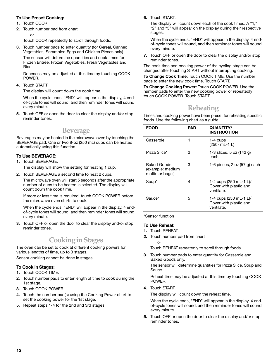 Beverage, Cooking in stages, Reheating | KITCHENAID KHMS175M User Manual | Page 12 / 20