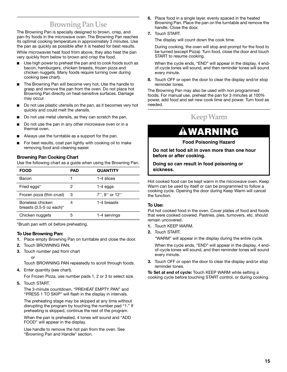 Warning, Browning pan use, Keep warm | KITCHENAID KHMS175M User Manual | Page 15 / 20