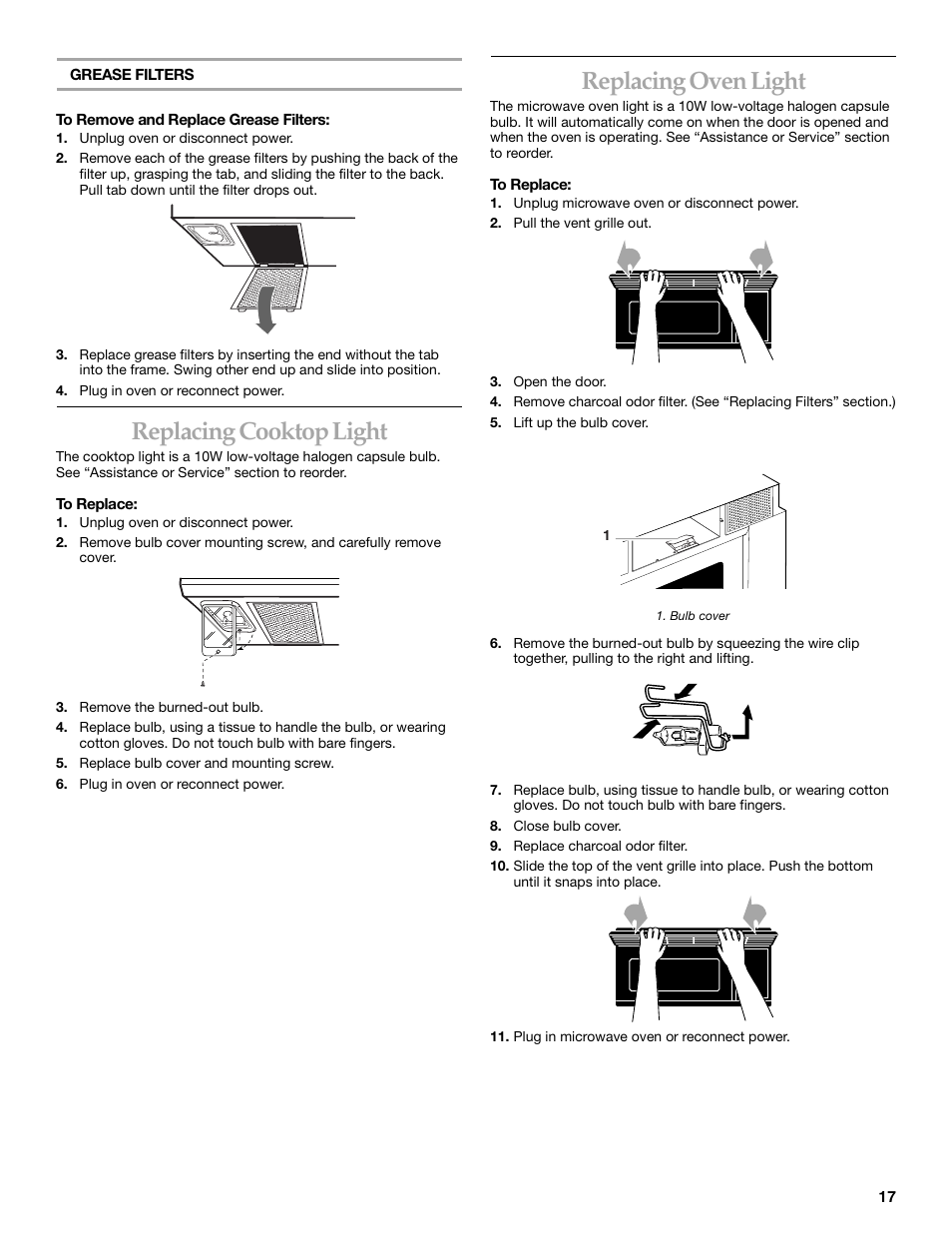 Replacing cooktop light, Replacing oven light | KITCHENAID KHMS175M User Manual | Page 17 / 20