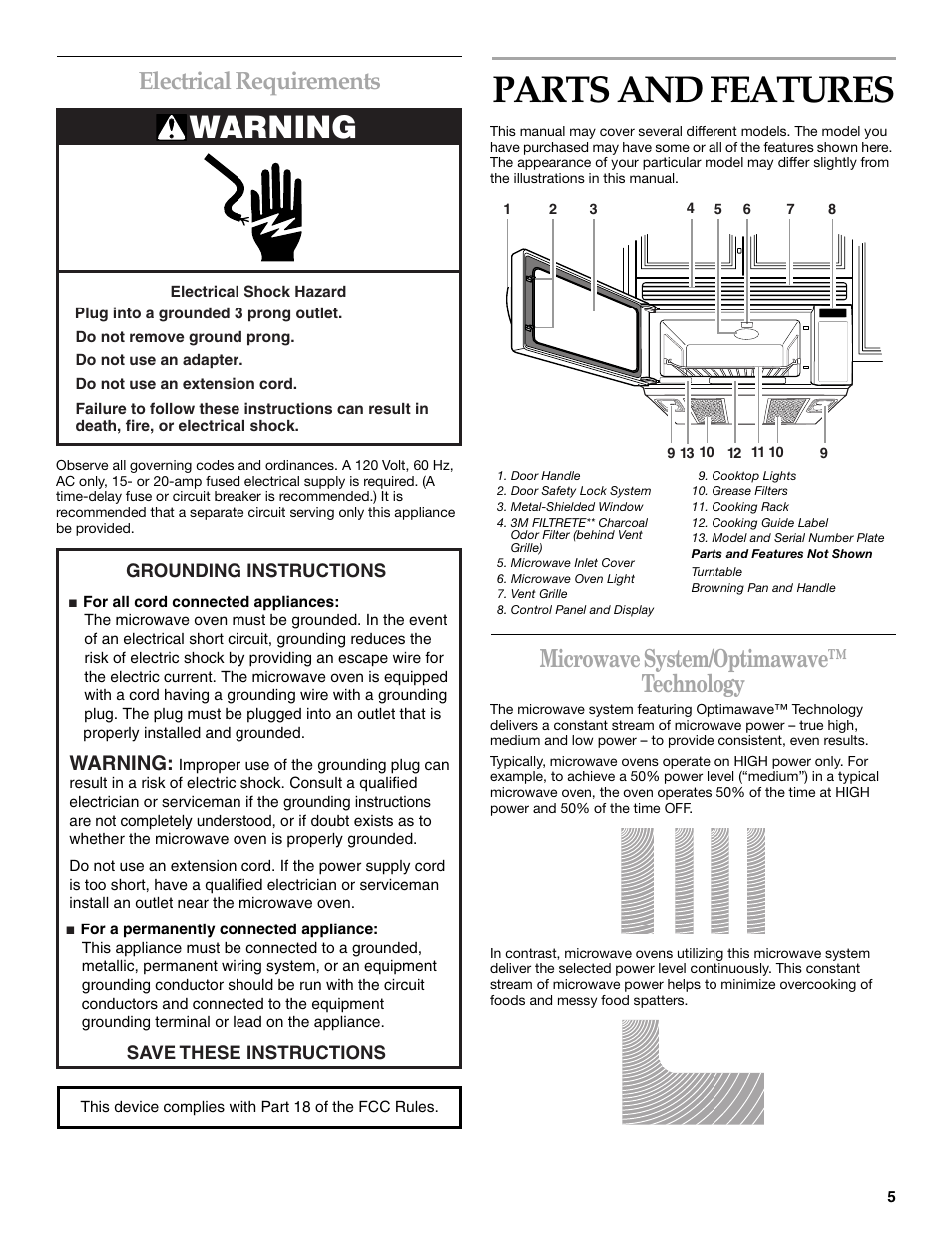 Parts and features, Warning, Electrical requirements | Microwave system/optimawave™ technology | KITCHENAID KHMS175M User Manual | Page 5 / 20