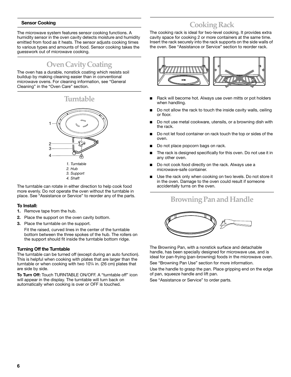 Oven cavity coating, Turntable, Cooking rack | Browning pan and handle | KITCHENAID KHMS175M User Manual | Page 6 / 20