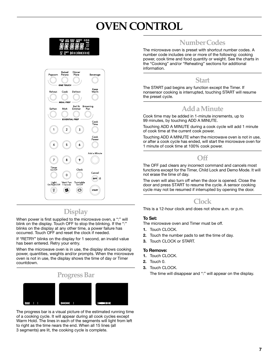 Oven control, Display, Progress bar | Number codes, Start, Add a minute, Clock | KITCHENAID KHMS175M User Manual | Page 7 / 20
