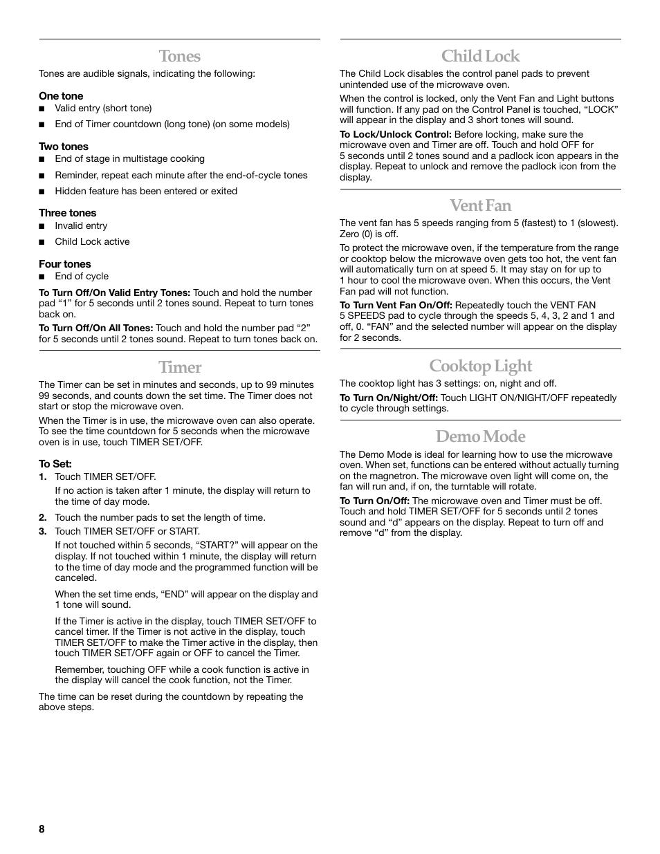 Tones, Timer, Child lock | Vent fan, Cooktop light, Demo mode | KITCHENAID KHMS175M User Manual | Page 8 / 20
