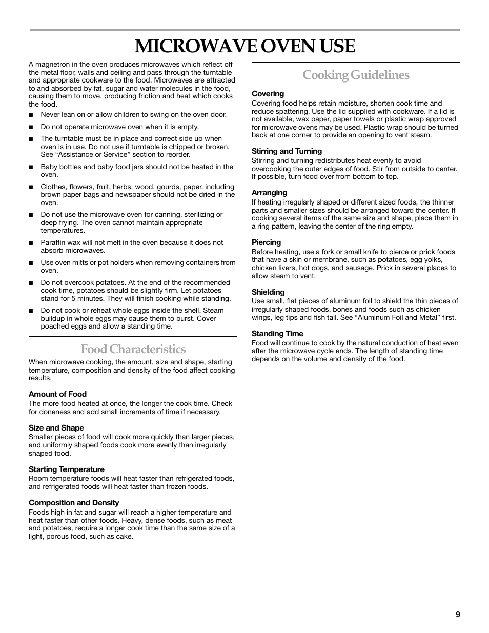 Microwave oven use, Food characteristics, Cooking guidelines | KITCHENAID KHMS175M User Manual | Page 9 / 20