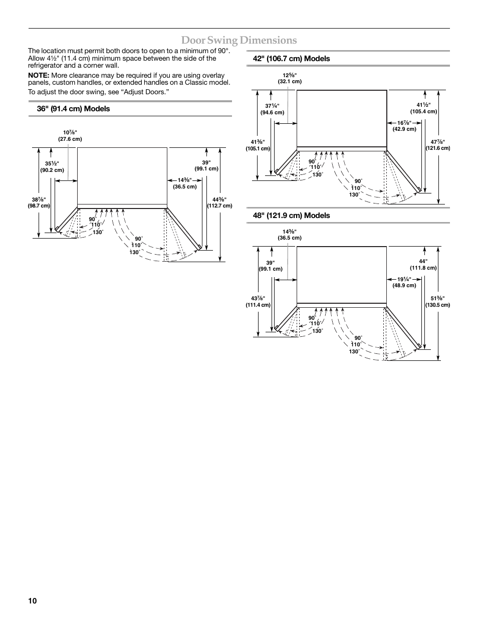Door swing dimensions | KITCHENAID W10291426A User Manual | Page 10 / 76