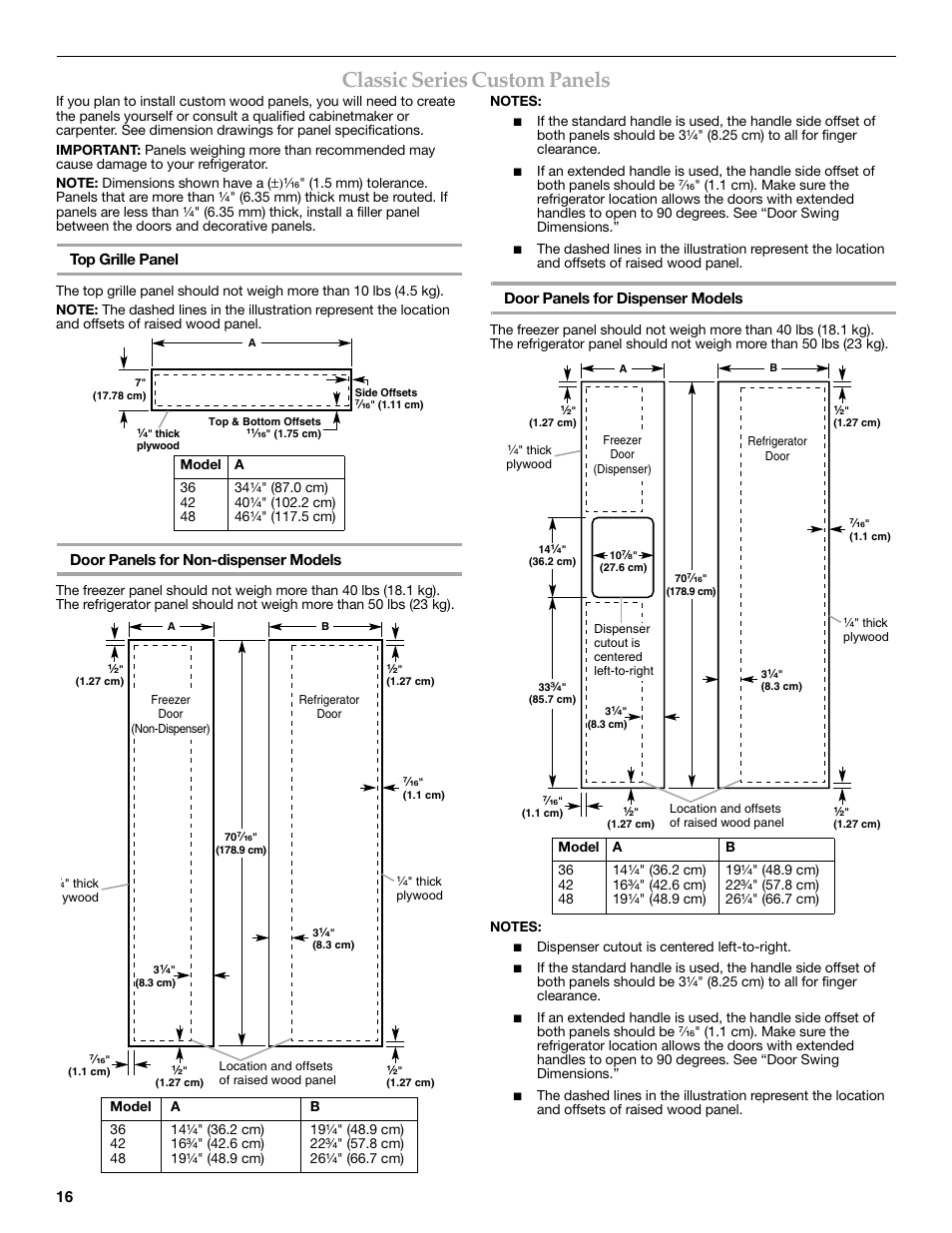 Classic series custom panels | KITCHENAID W10291426A User Manual | Page 16 / 76